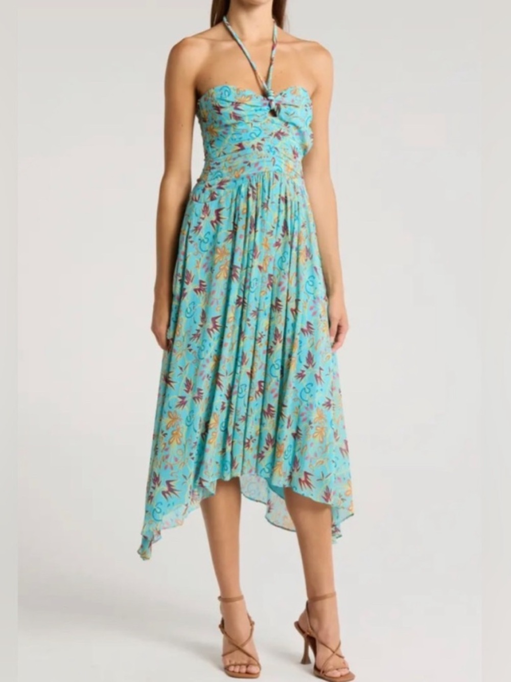A.L.C New Violet Silk Floral Chiffon Halter‎ Handkerchief Hem Midi Dress size 00